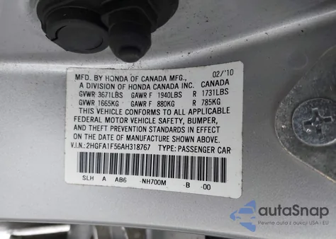 2010 Honda Civic Lx z USA, uszkodzony, nr VIN 2HGFA1F56AH318767